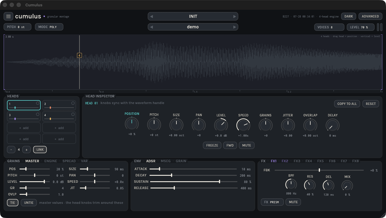 Cumulus: Heads on the waveform, the head inspector, the grain masters and the effect rack.